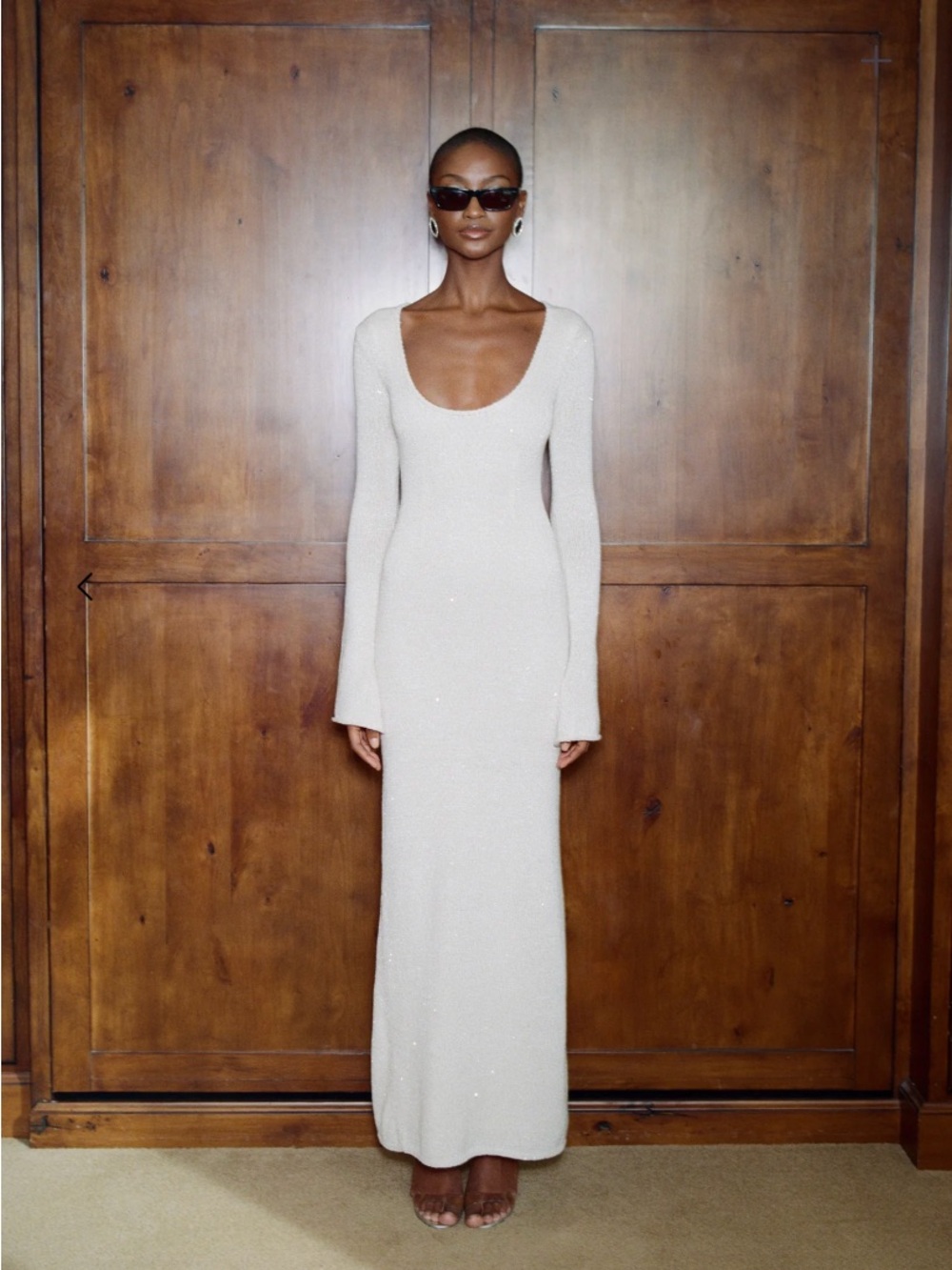 Long-Sleeve Scoop-Neck Maxi Dress in white and cream